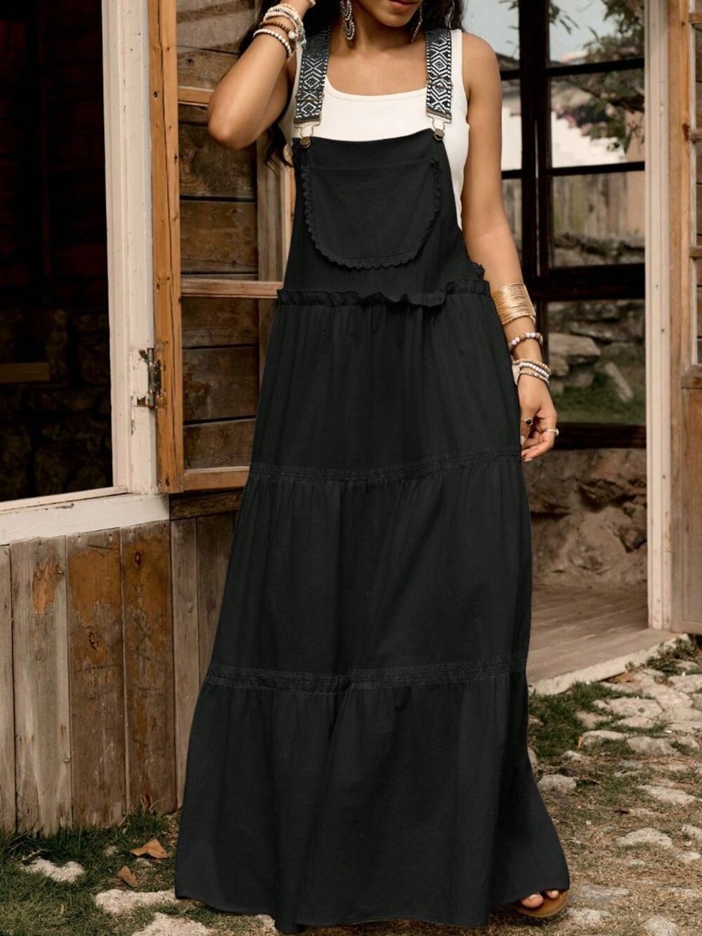 Black Casual Women's Lace Belt Button Ruffle Midi Slip Dress